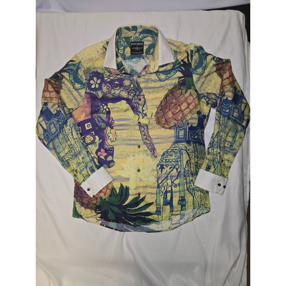 Barabas Men's Buddha Elephant Pineapple Tropical Long Sleeve Shirt 21" P2P